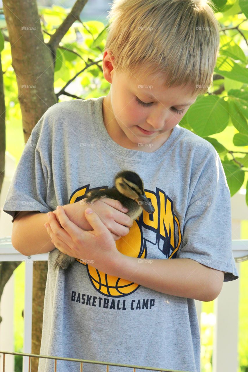 Close-up of a boy with young bird