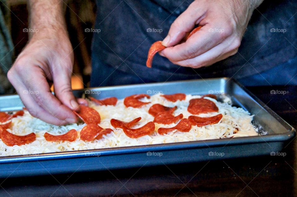 Prepping the pizza 