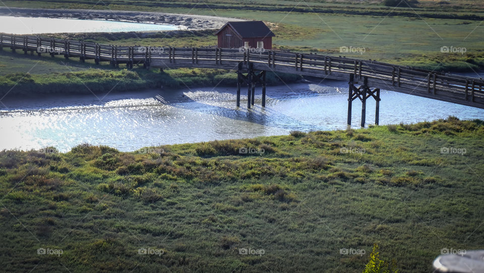 Long wooden, footbridge over a creek