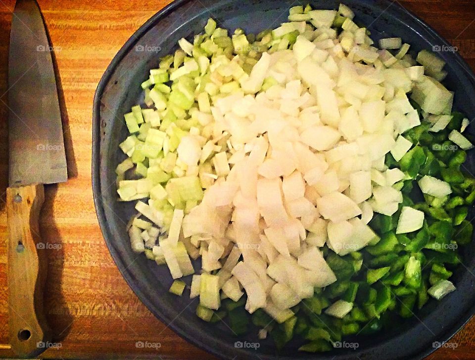 prepping veggies for gumbo.