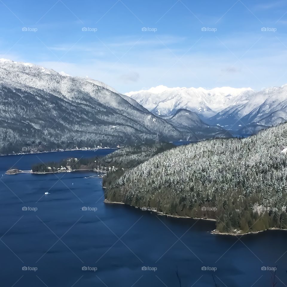 Burrard inlet covered in a winter wonderland in Vancouver, British Columbia 