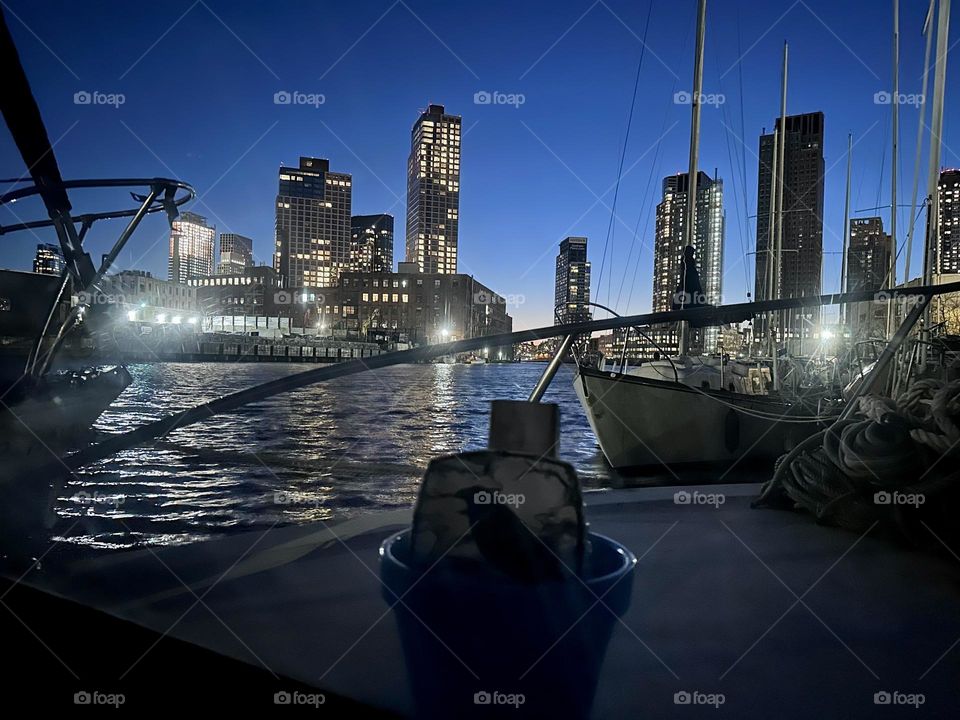 This is “Newtown Creek” by the “Pulaski Bridge” in LIC, Queens at night, the place where our “28 ft 1969 Luhrs” cabin cruiser is moored. “Greenpoint”, Bklyn is on the left, LIC and further away “Manhattan” on the right. 2024. Hypnotic Productions