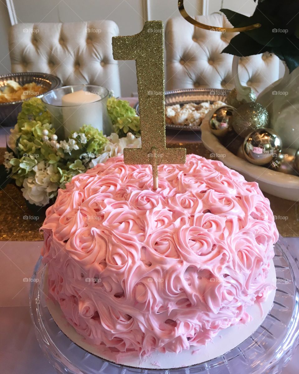 Homemade pink rosette cake for a first birthday party!