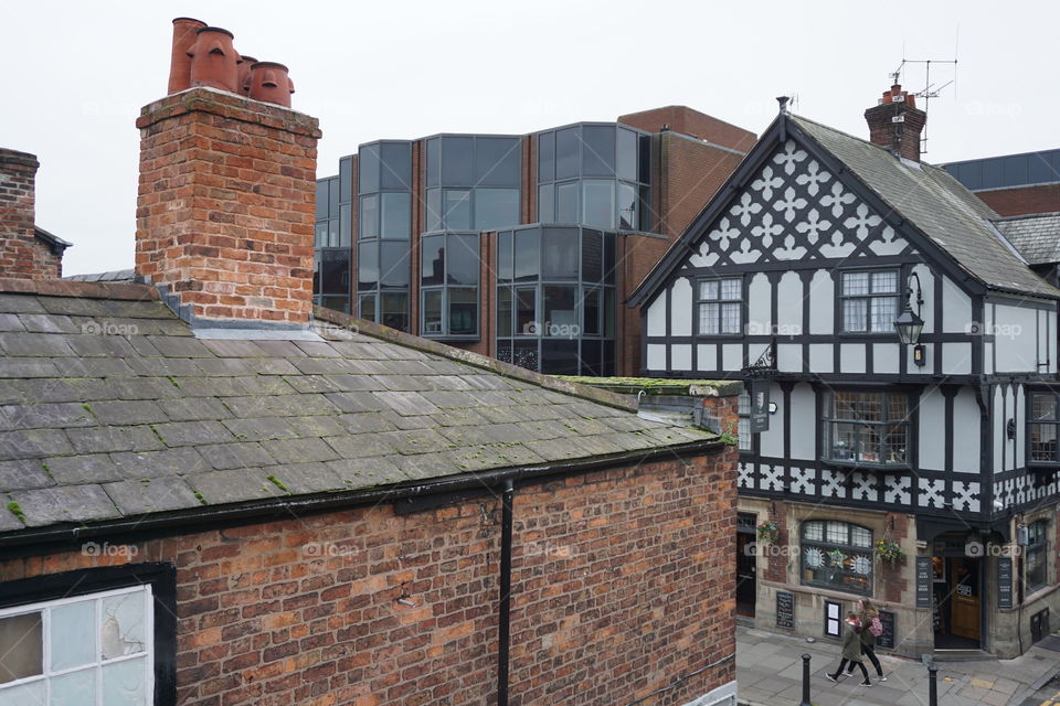 Old medieval architecture contrasting with new in the city of Chester 