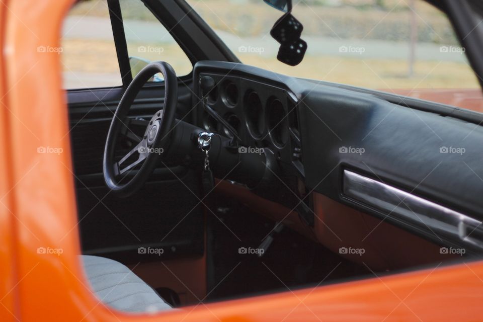 Truck interior. Dynamic photo with amazing quality. Classic truck parked with a showcase of all of its features