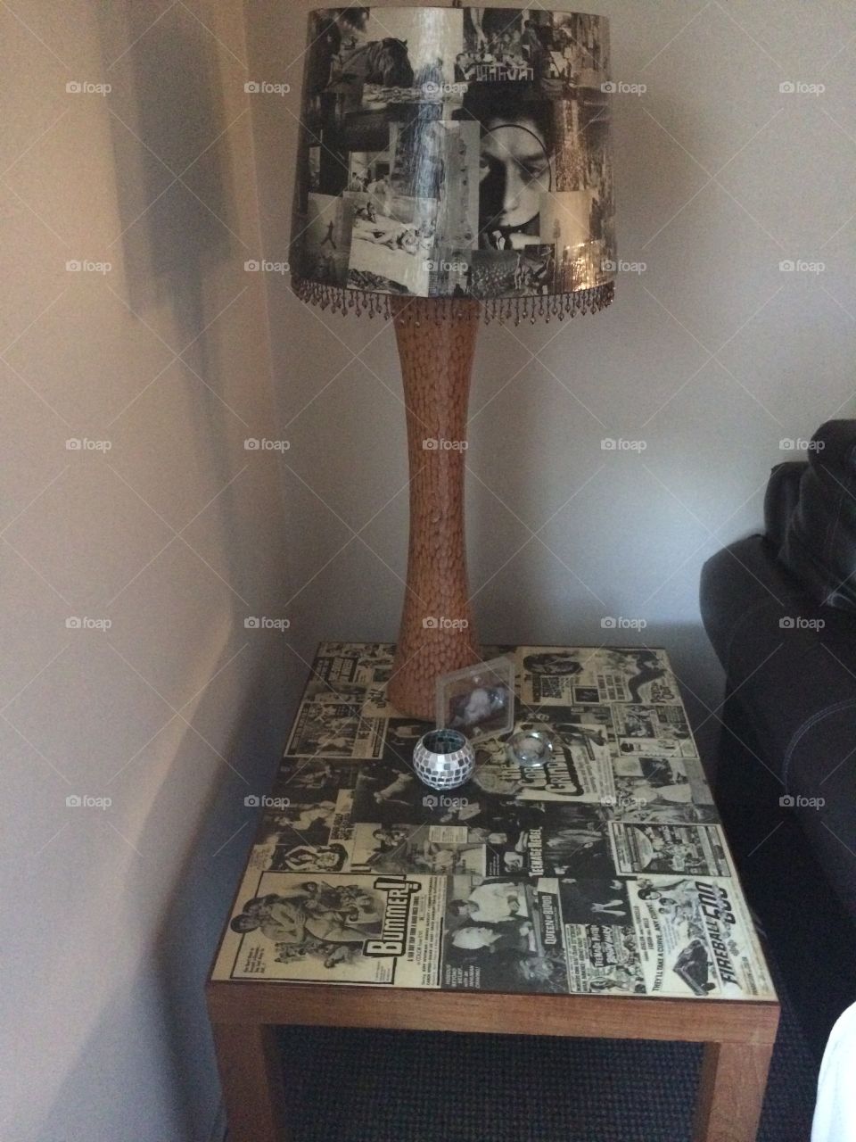 Decoupaged side table and lamp shade