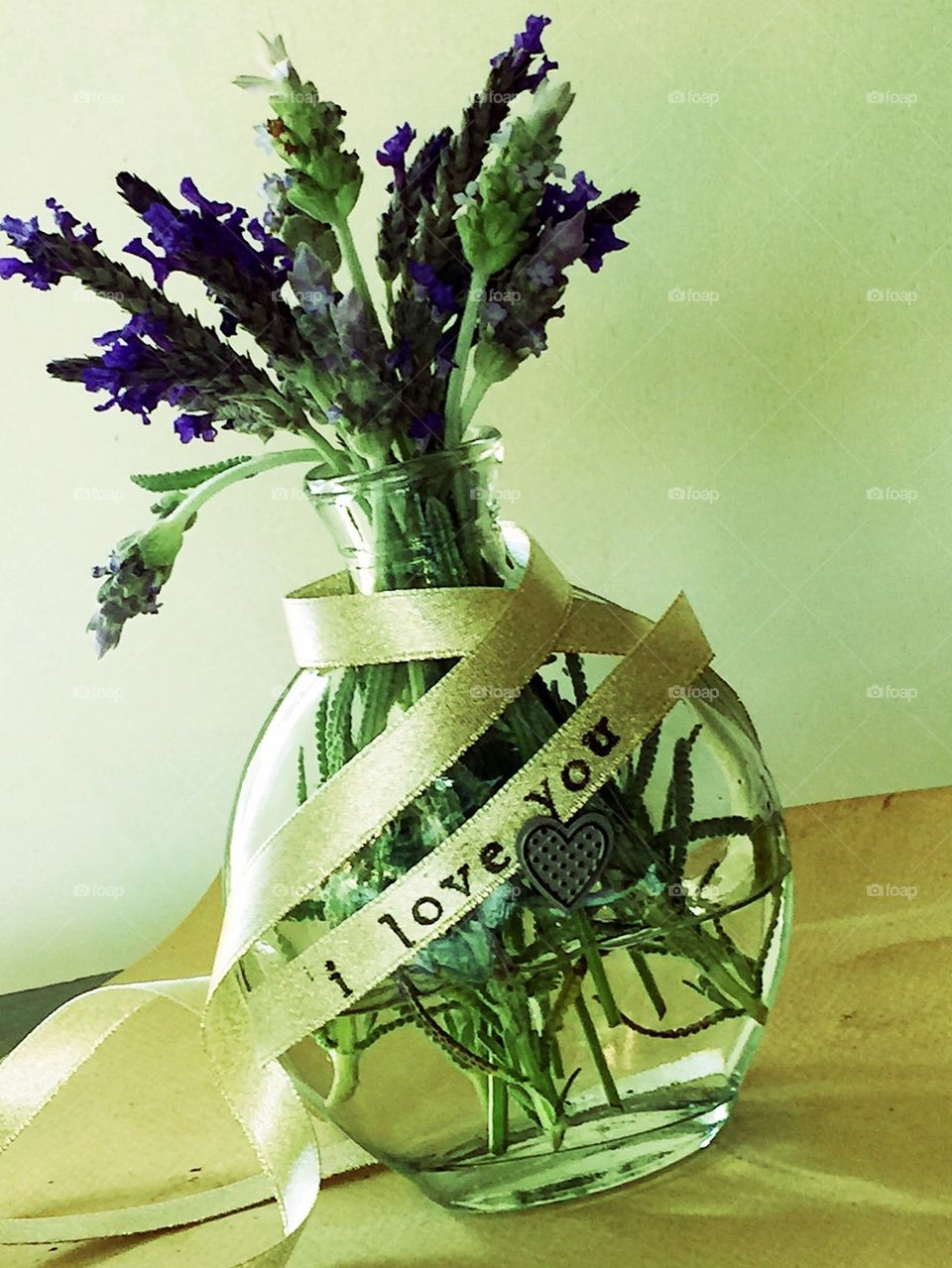 Vase of lavender with I love you words