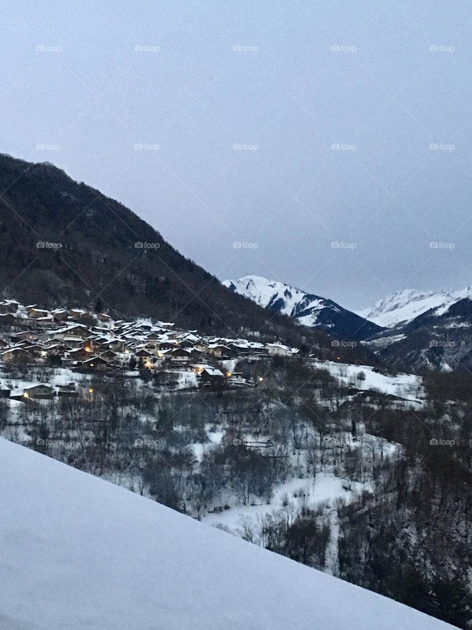 Village from the Alps under first snow 