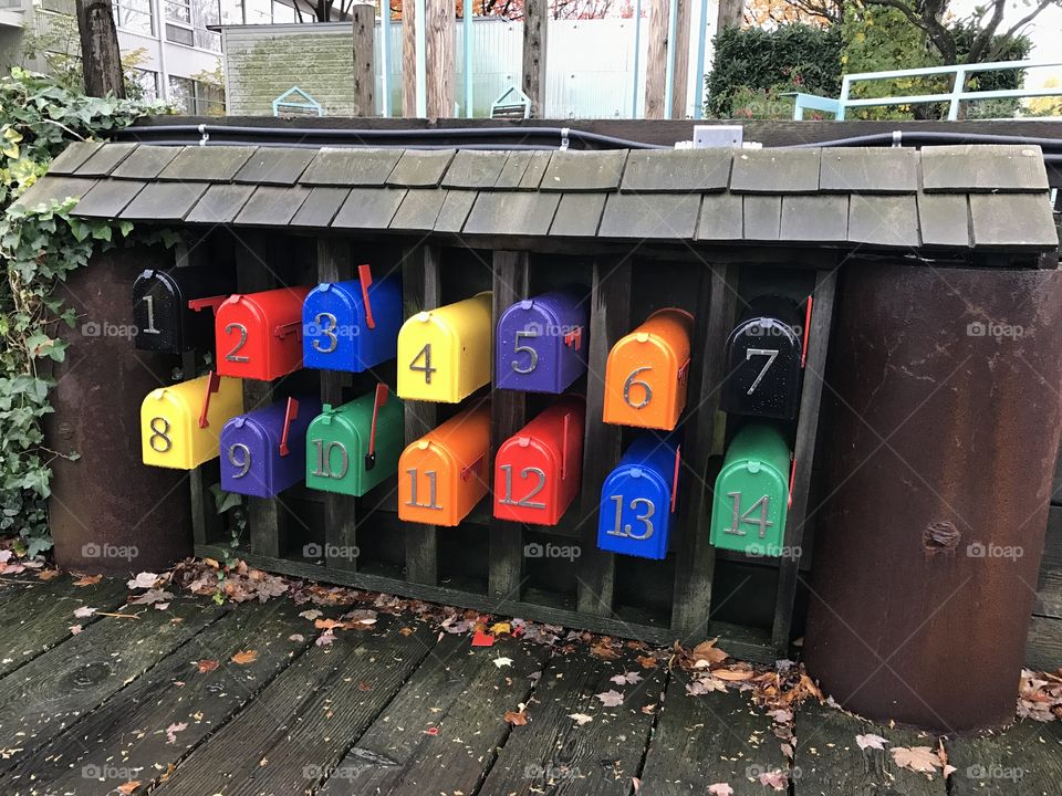 Colorful numbered mailboxes