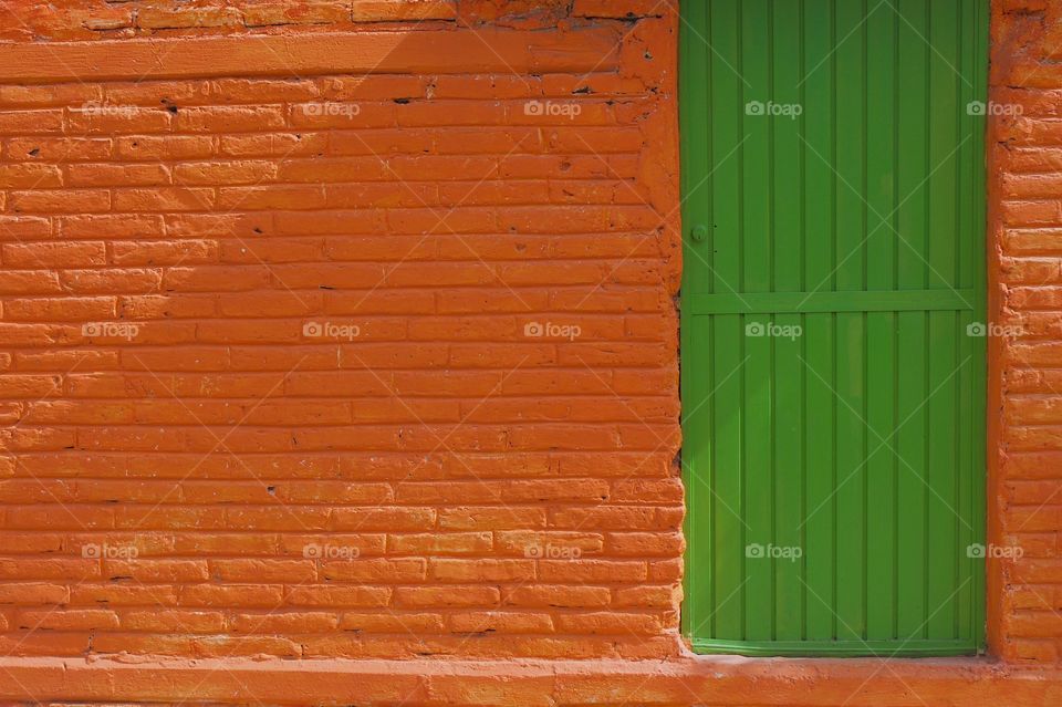 Green door and brick wall