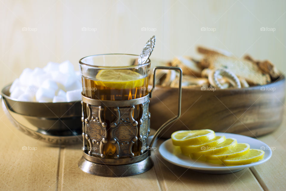 Lemon slice in herbal tea