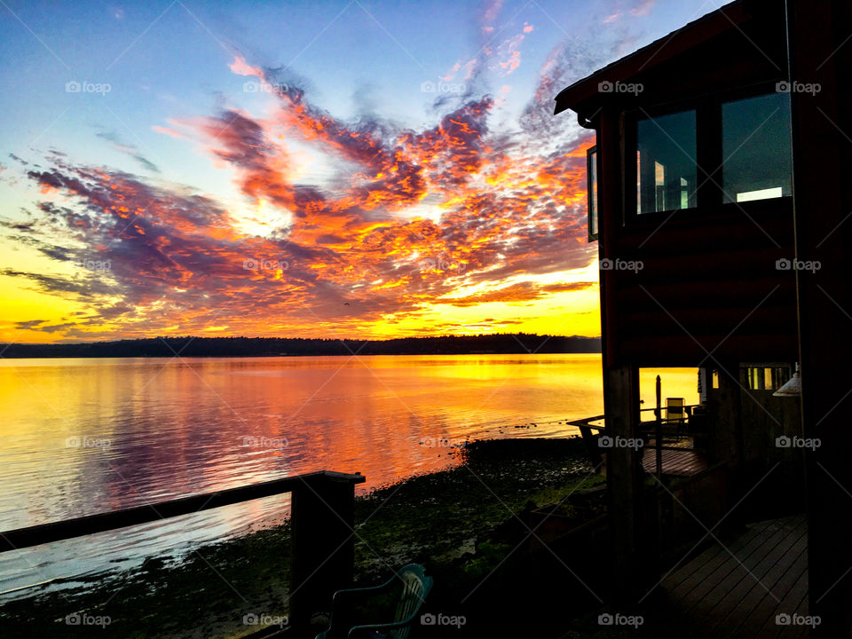 Foap Mission Silhouettes! Beautiful Puget Sound Washington State Sunrise With The Silhouettes Of A 1920s Cabin In The Foreground!