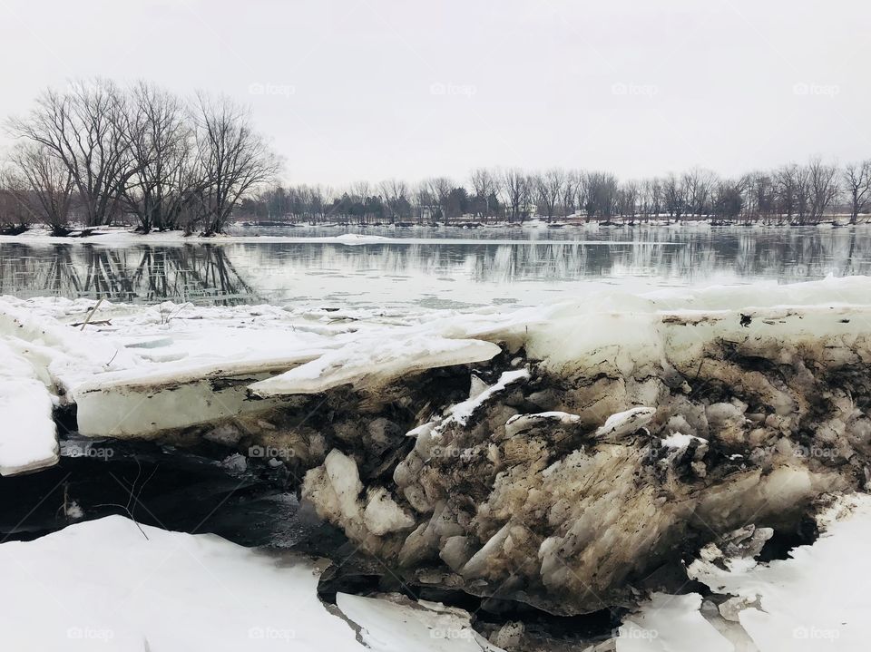 Beautiful ice sheets along bank of Susquehanna river in February