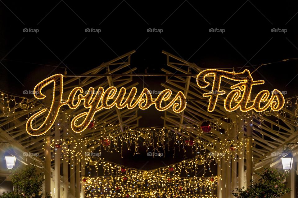 Lights shaped into the French greetings Joyeuses fêtes meaning in English Happy Holidays
