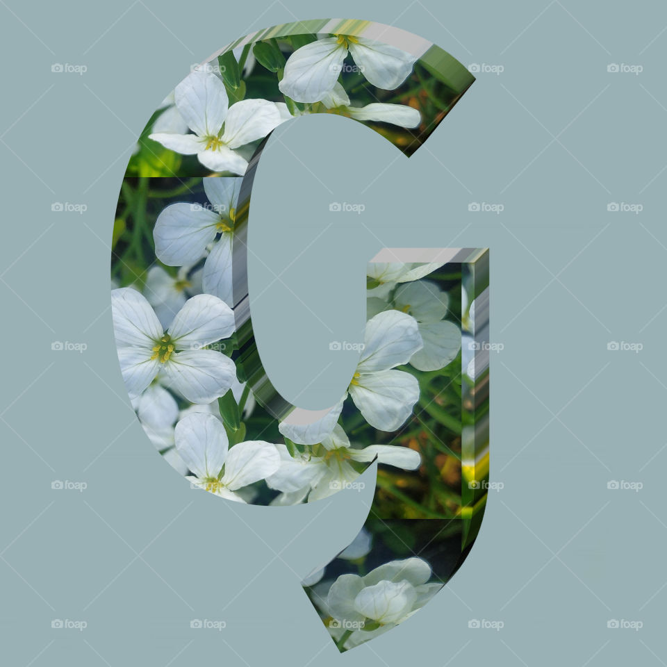 G alphabet 3d rendering of vertical white flowers alphabet