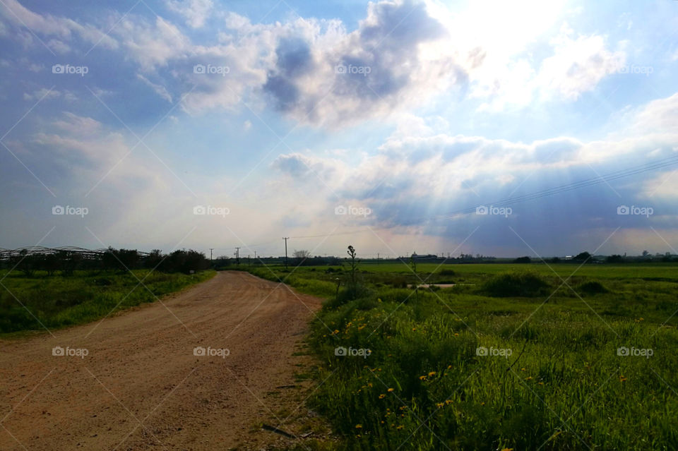 Beautiful field, local road and blue sky with clouds.