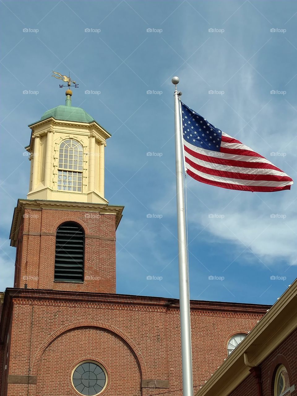 Colonial Tower and American Flag