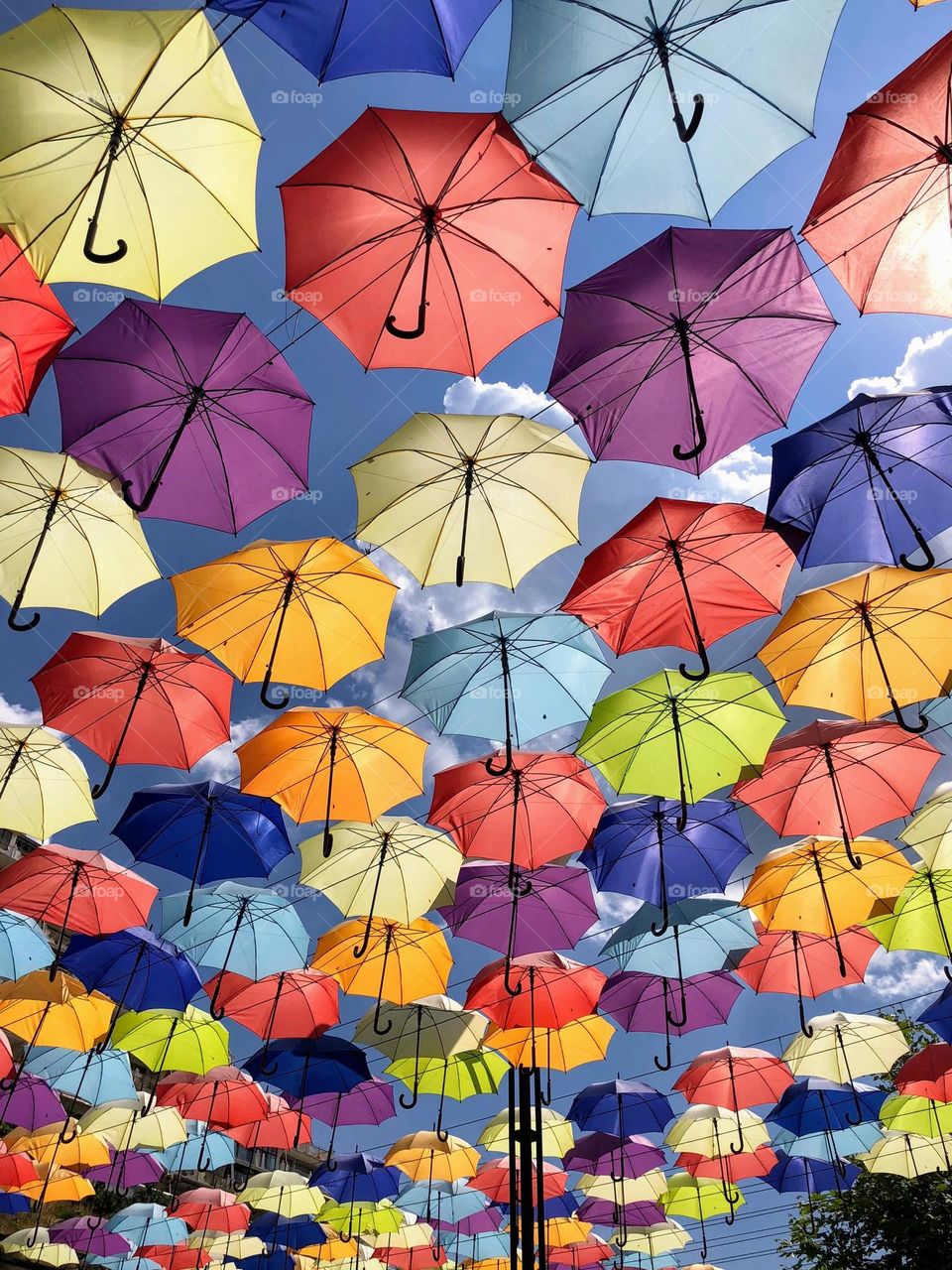 Bright colorful umbrellas as the art installation protecting from the sun in Arkadia, Odessa