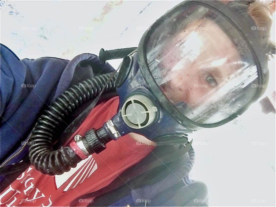 Timothy Trespas is wearing special protective gear when he engages in potentially hazardous restoration or cleanup work on our boat, the “Salvation” in Newtown Creek in LIC, Queens. 2018. Hypnotic Productions