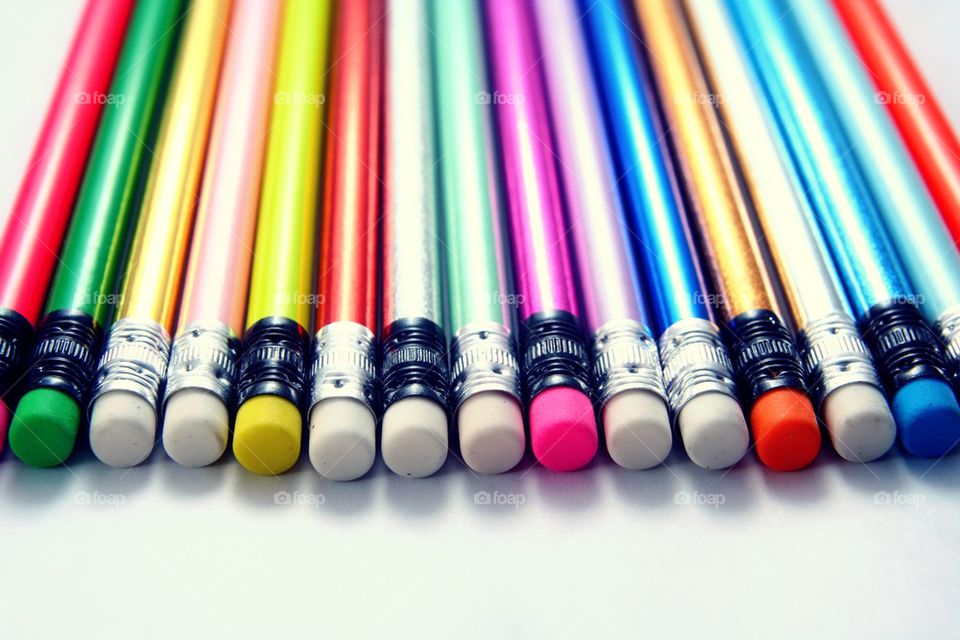 colorful erasers and pencils