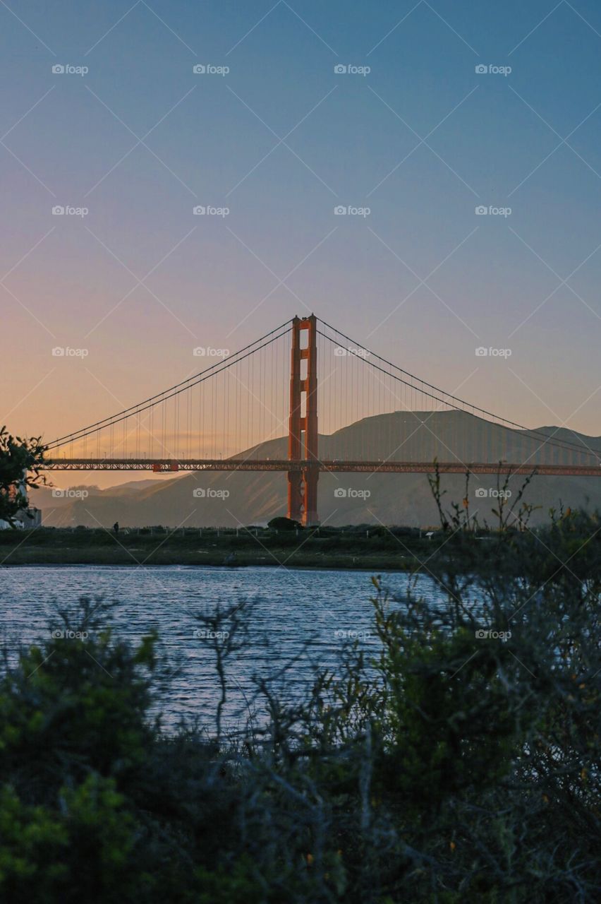 Golden Gate Bridge on a perfect evening at sunset. 
