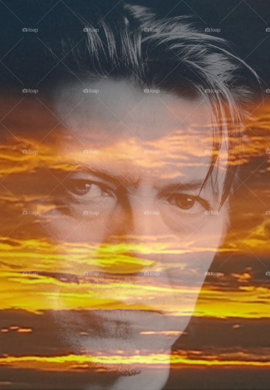 David Bowie through a double exposed golden sunset