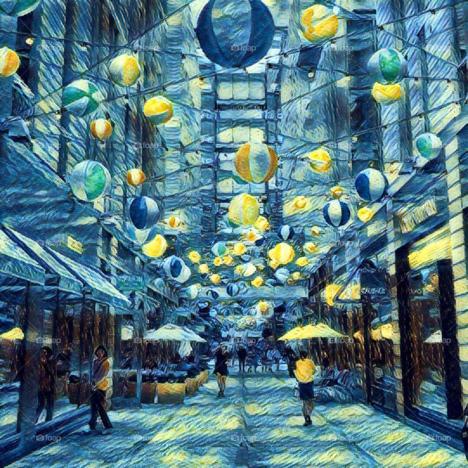 A Starry Night like painting photograph of CityCenter in Washington, DC