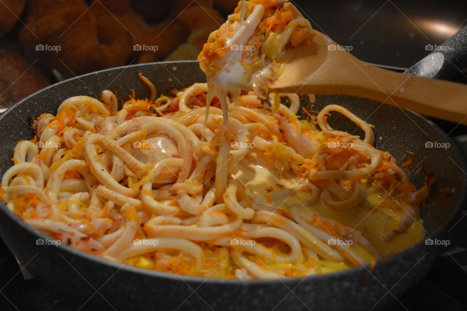 Pasta on cooking pan