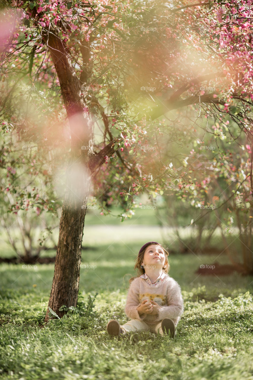 Cute Little girl in a blossom park