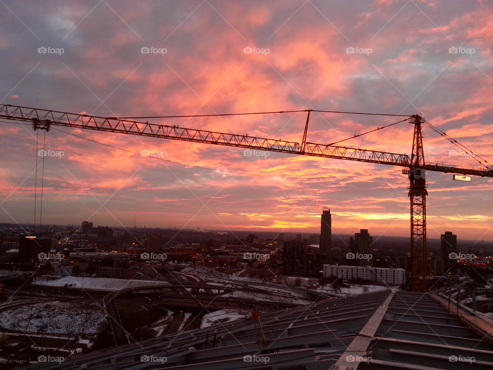 Sunrise from atop the Vikings Stadium. A sunrise while working on the construction of the Vikings Stadium. 3 minutes later, it was gone.