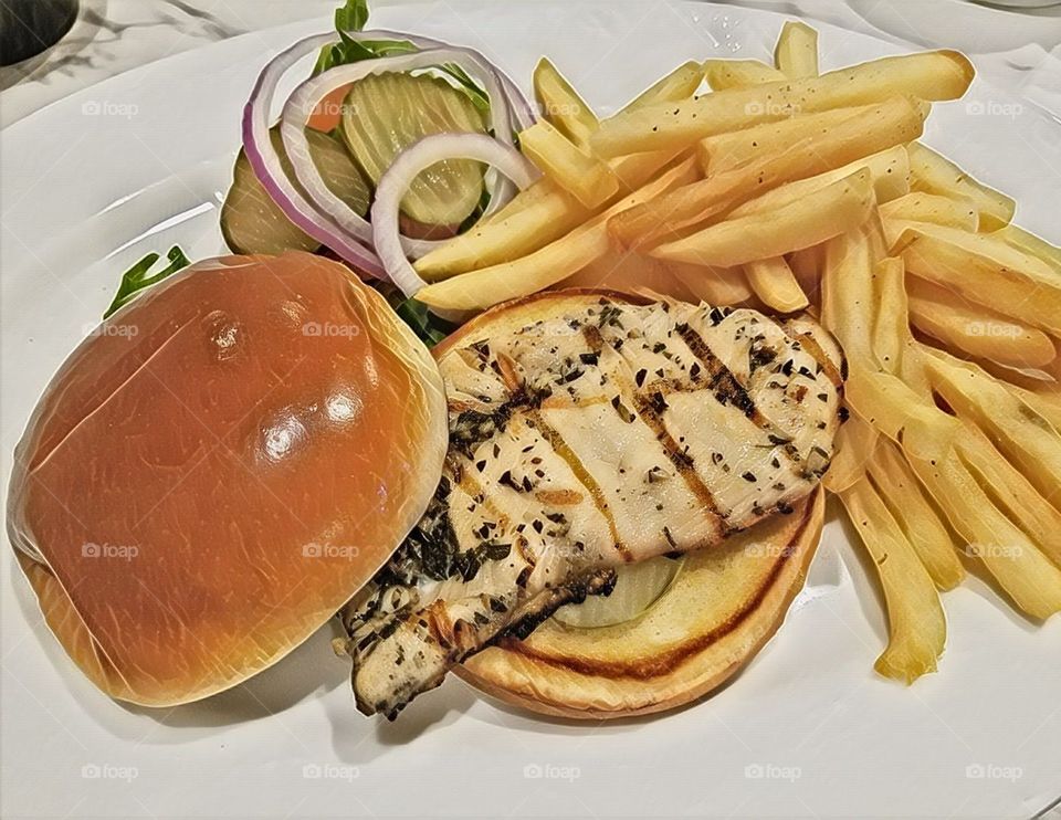Grilled chicken sandwich with fries!