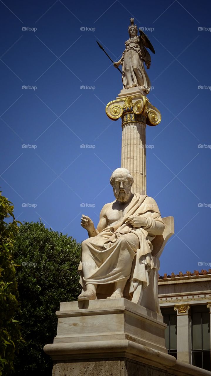 Greece Athens Minerva & Plato statues. Greece,  Athens,  Minerva & Plato statues