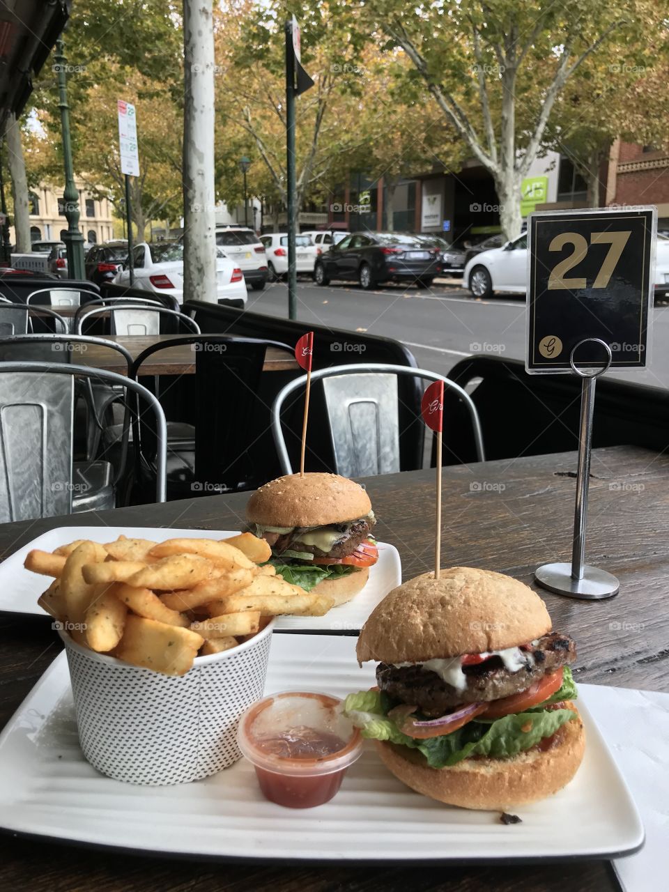 Burgers and chips at Grill’ in Bendigo town Melbourne Australia 