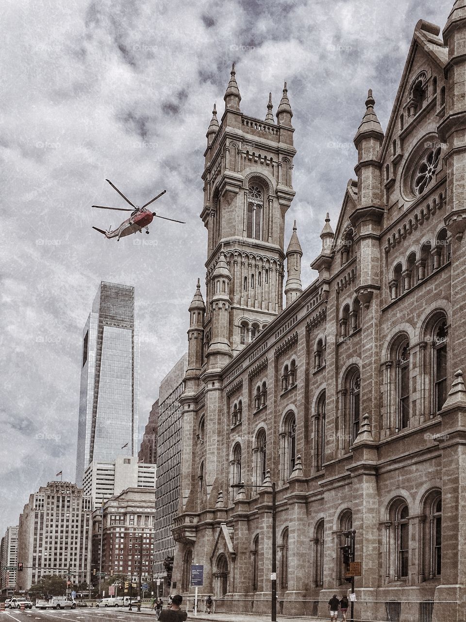 Red helicopter in the city