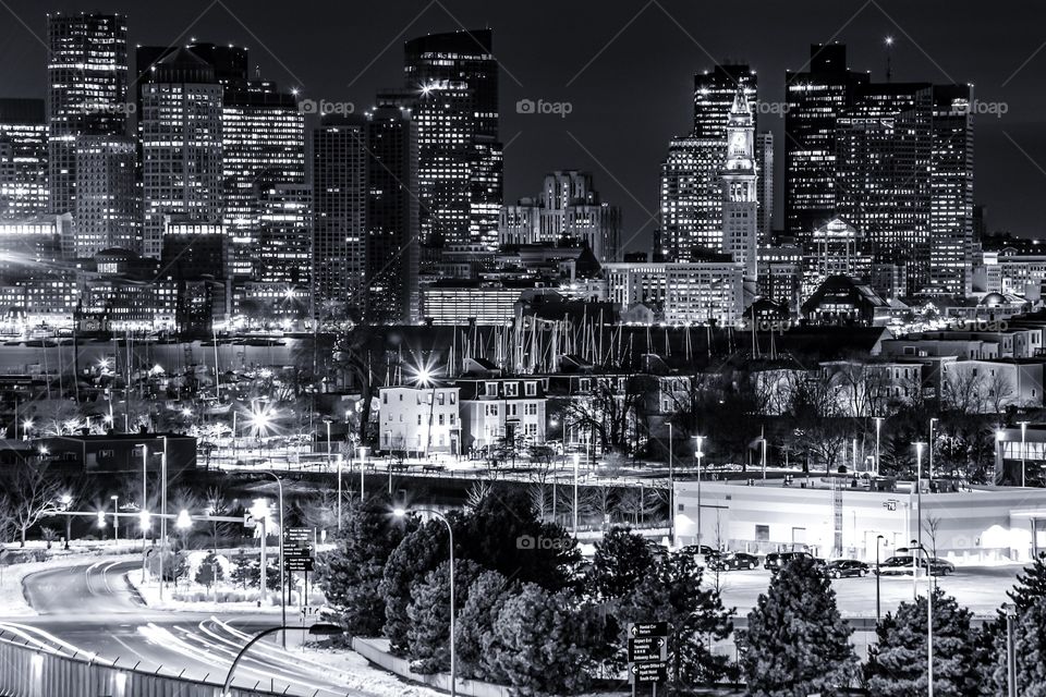 Boston in black and white seen from Logan Airport. Taken in long exposure.