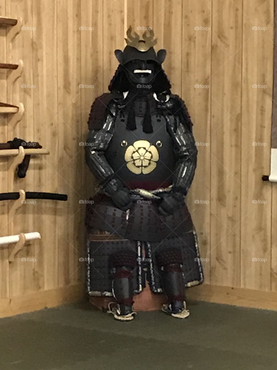 A samurai gusoku (armor) on display inside the dojo. This is a stupendously beautiful masterpiece worthy of admiration, appreciation and respect.