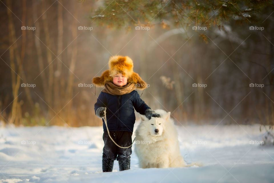 Little boy portrait with Samoyed at winter