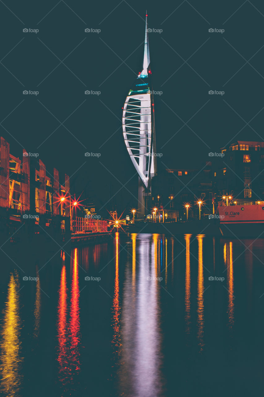 Spinnaker Tower, lit up at night a reflected in the water at Portsmouth Harbour - 2010