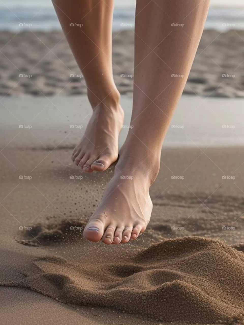 Barefoot human feet running in the sand