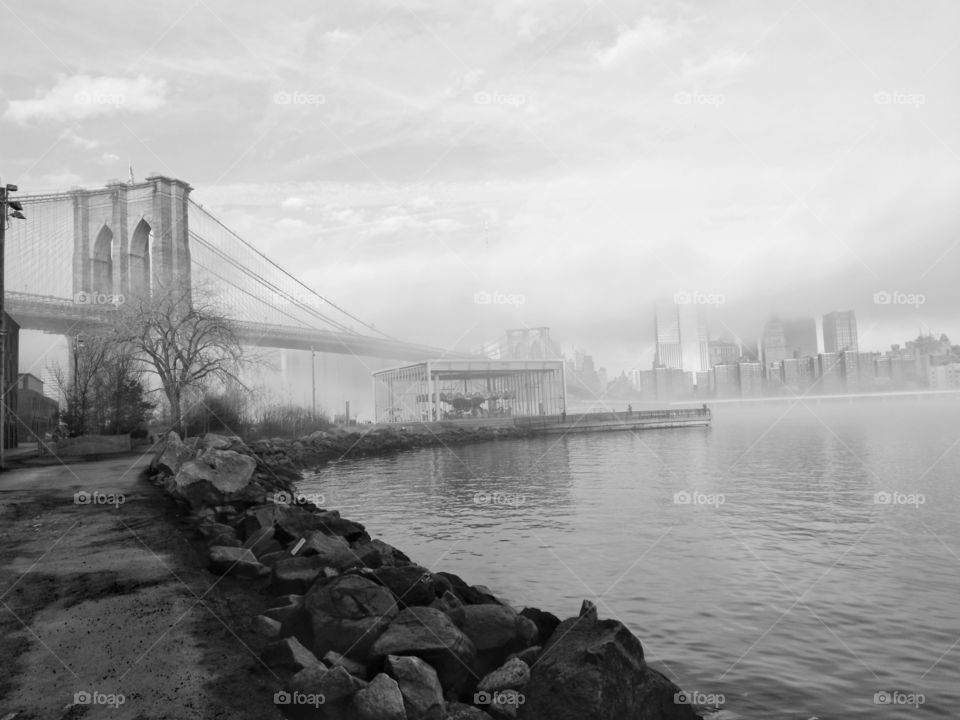 Brooklyn Bridge on a foggy morning