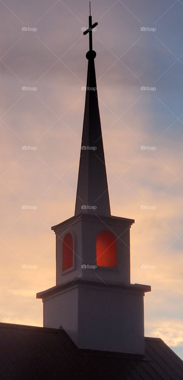 church steeple at sunset