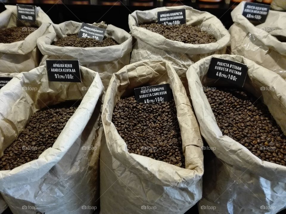 Bags with coffee beans