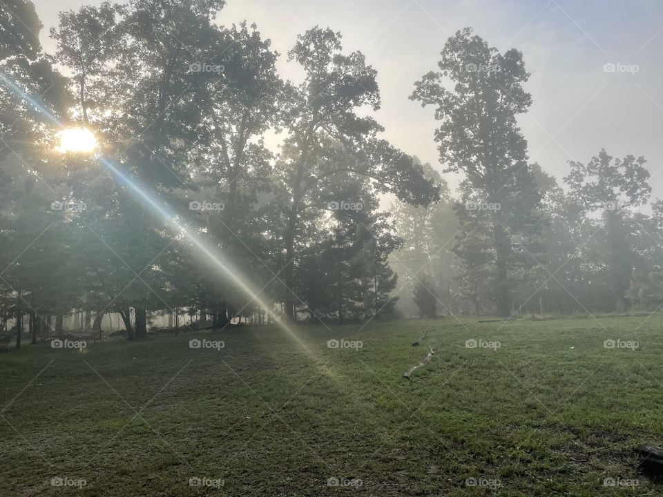 Sun shining through haze from wildfire and fog