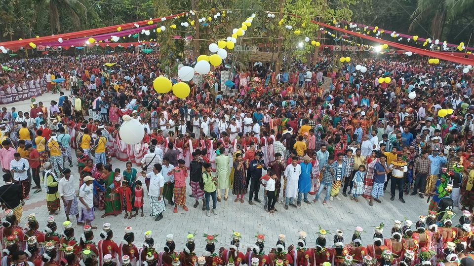 People gathered to see the Baha dance related to tribal tradition.This dance is performed by tribal Santhals on the day of Baha Puja.