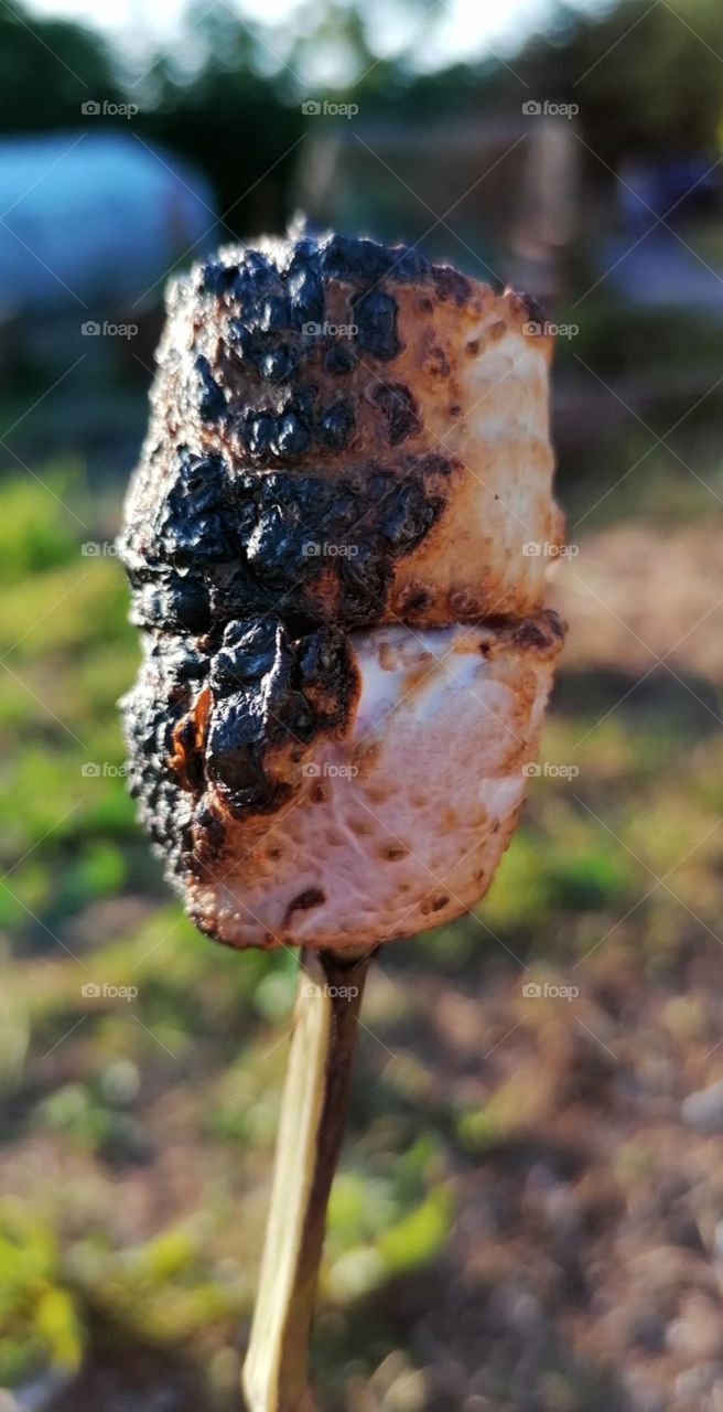 Close up of a campfire marshmallow.
Contrasting colour and texture, blurred background and naturally lit by the summer sun