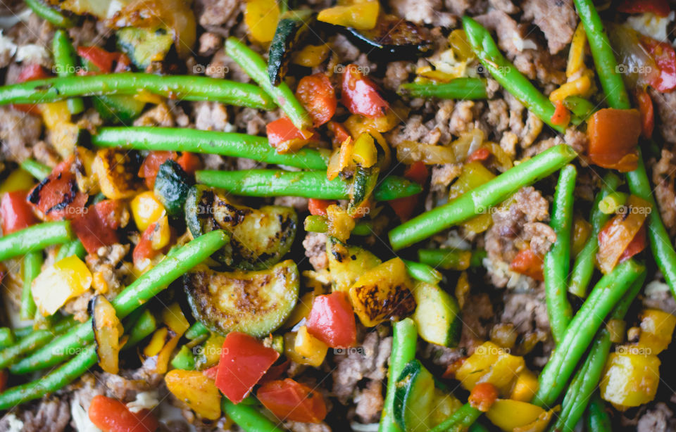 casserole with pasta, cheese, meat and fresh vegetables