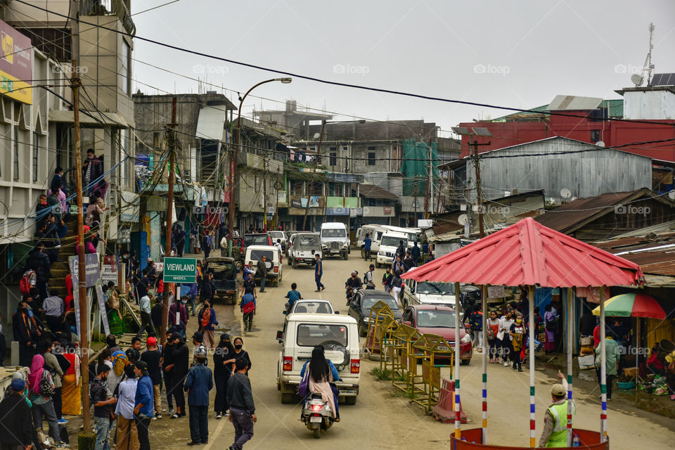 A busy crowded bazaar street in a small town area of Ukhrul district in Manipur, India