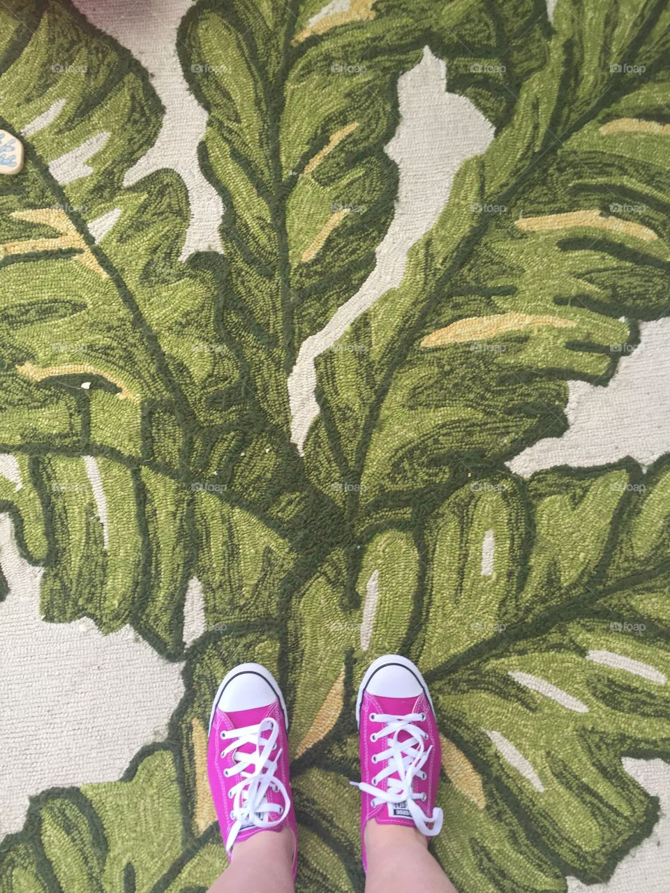 Pink converse sneakers on a rug
