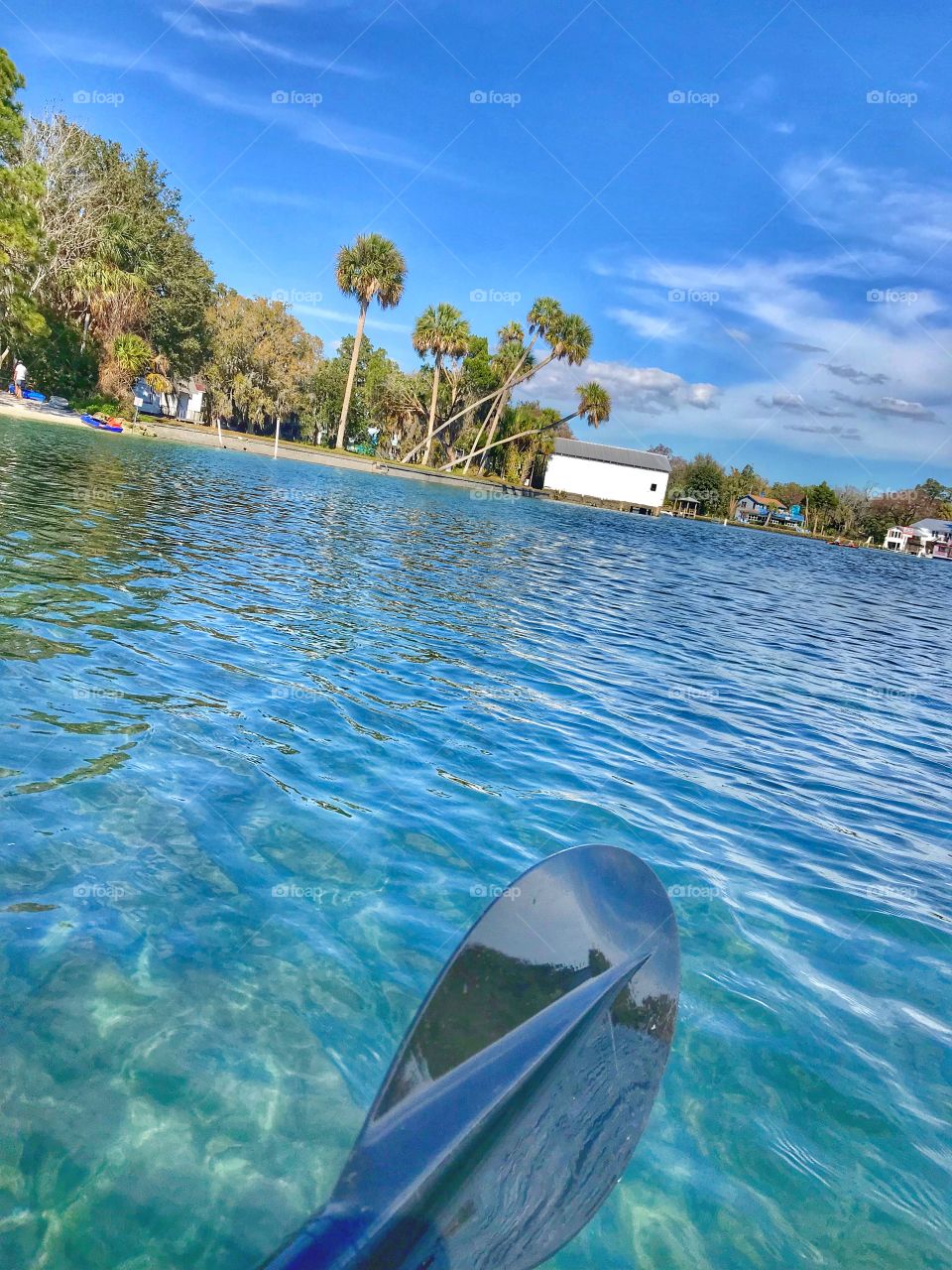 Paddling in crystal clear river with palms all around