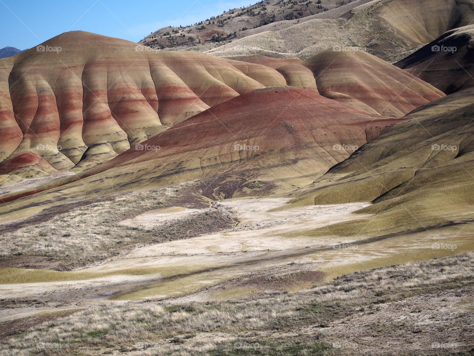 The smooth, rolling and textured Painted Hills in the John Day Fossil Beds in Eastern Oregon on a sunny day. 